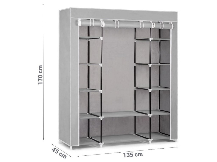 Velká textilní šatní skříň na oblečení 170x135x45 cm šedá