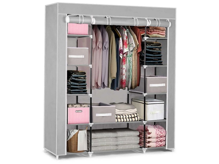 Velká textilní šatní skříň na oblečení se šuplíky 170x135x45 cm šedá