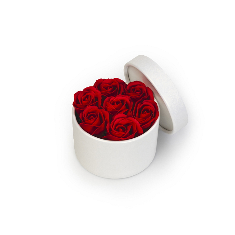 Mýdlové růže ve flower boxu - červené růže