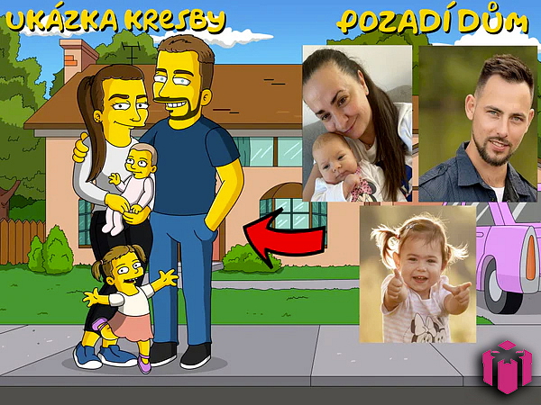Rodinný portrét ve stylu Simpsonových - rodina, přátelé i mazlíčci