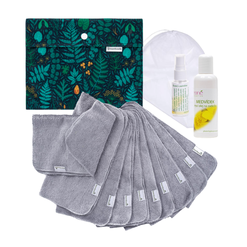 Ökologische Alternative zu den Feuchttüchern: Set vom Happy Bottom Öl (Wasch- und Pflegeöl), waschbaren Reinigungstüchern, Wäschesack und Windelsack | Bamboolik