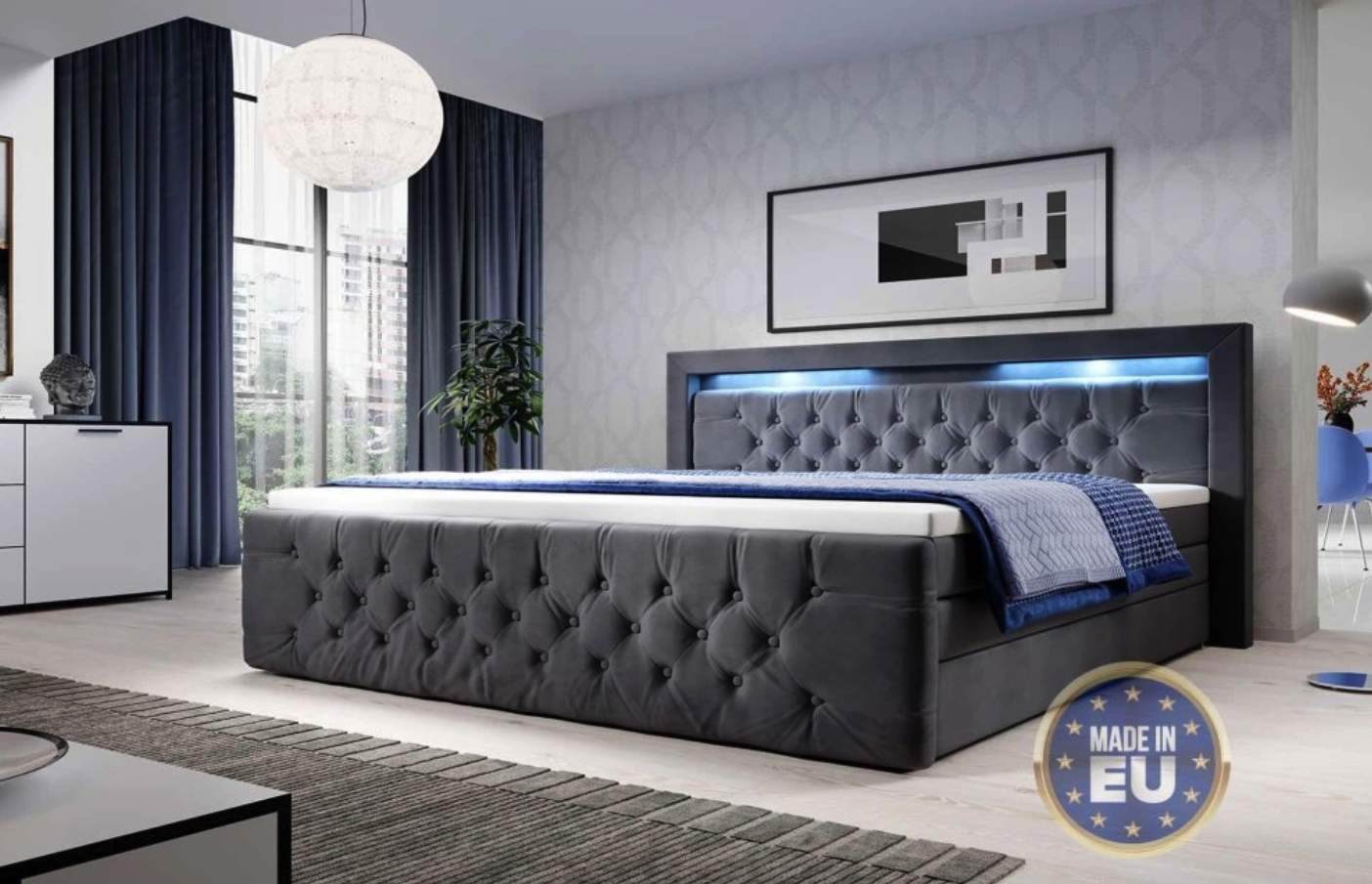 Boxspring postel ELEGANCE s úložným prostorem, LED a USB