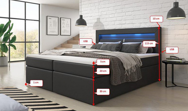 Boxspring postel REPOS s úložným prostorem, LED a USB