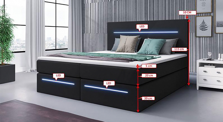 Boxspring postel SEJOUR s úložným prostorem a LED
