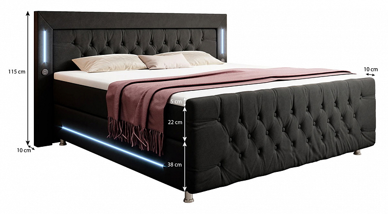 Boxspring postel PARADISE bez úložného prostoru s LED a USB