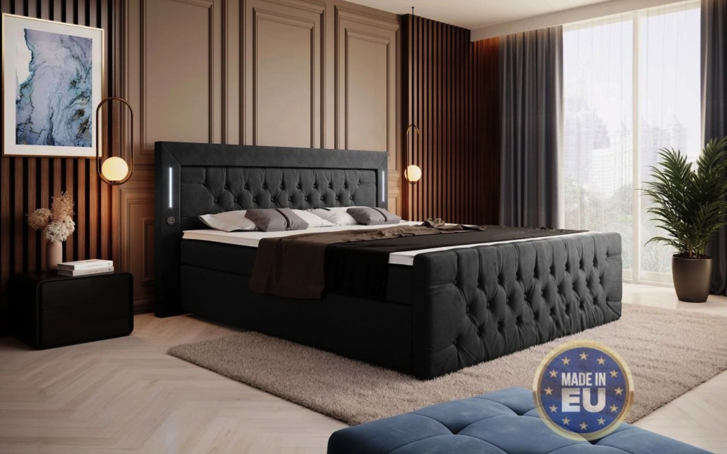 Boxspring postel ELEGANCE s úložným prostorem, LED a USB