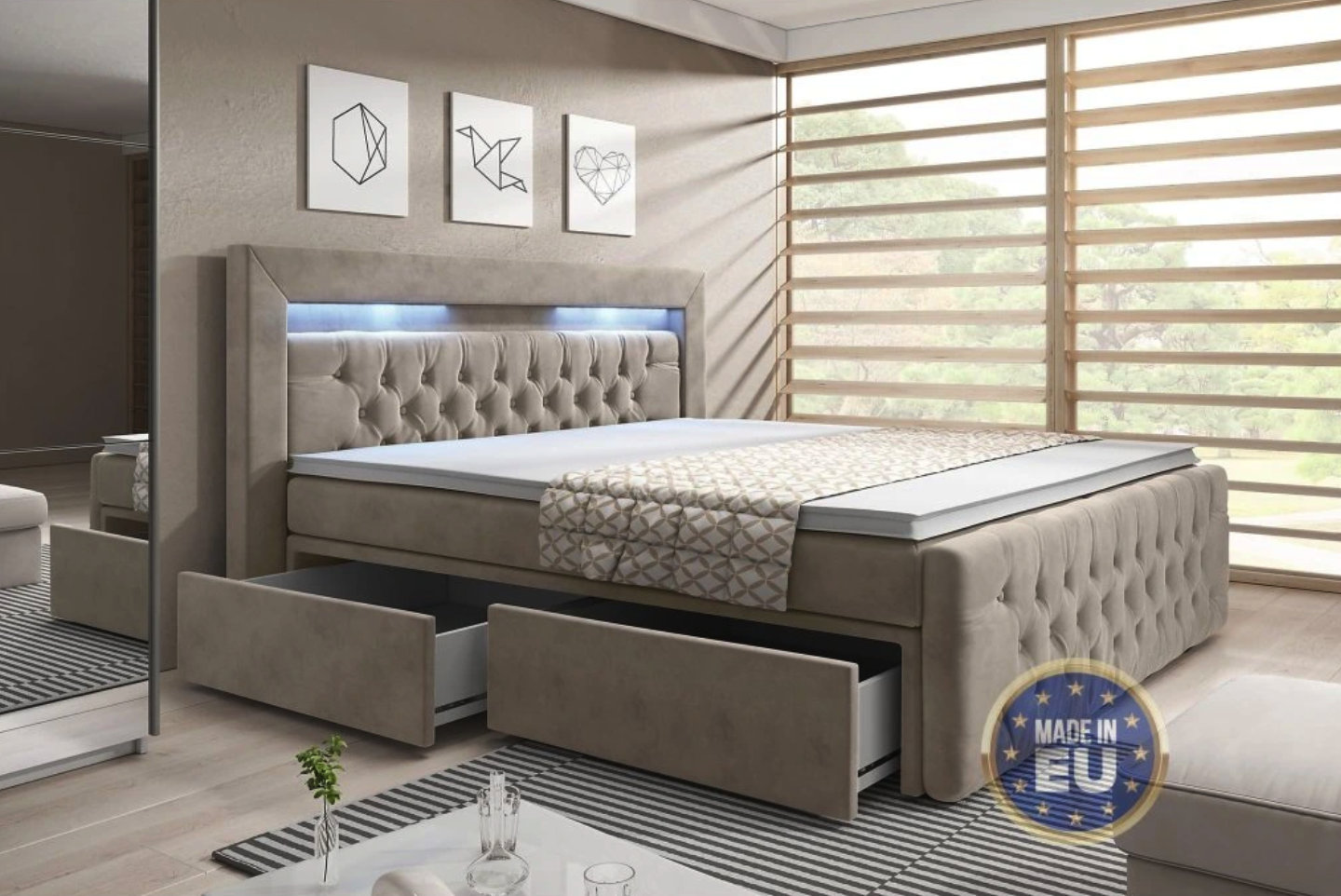 Boxspring postel ELEGANCE s úložným prostorem, LED a USB