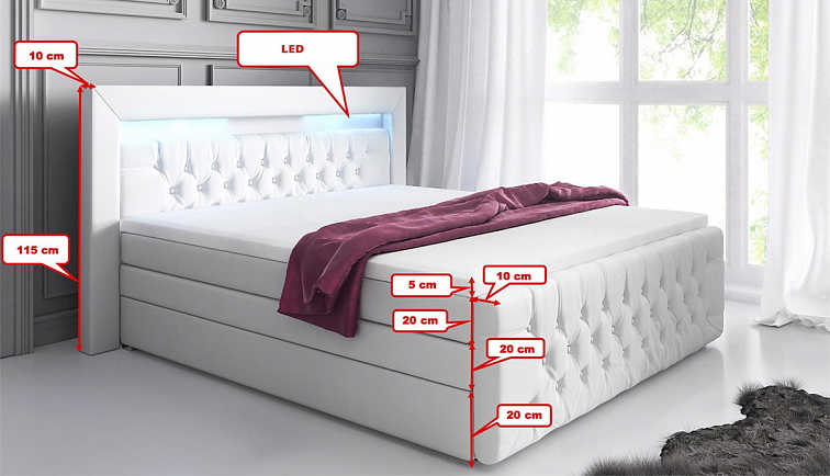 Boxspring postel GLORIA s úložným prostorem a LED