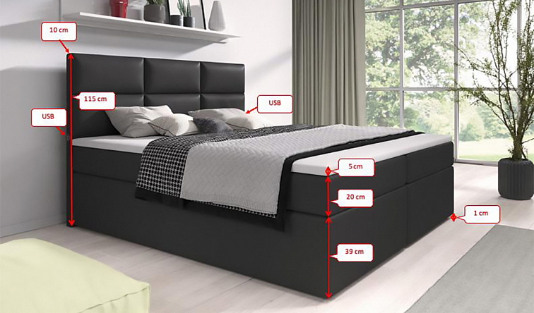 Boxspring postel CAMELIA s úložným prostorem a USB