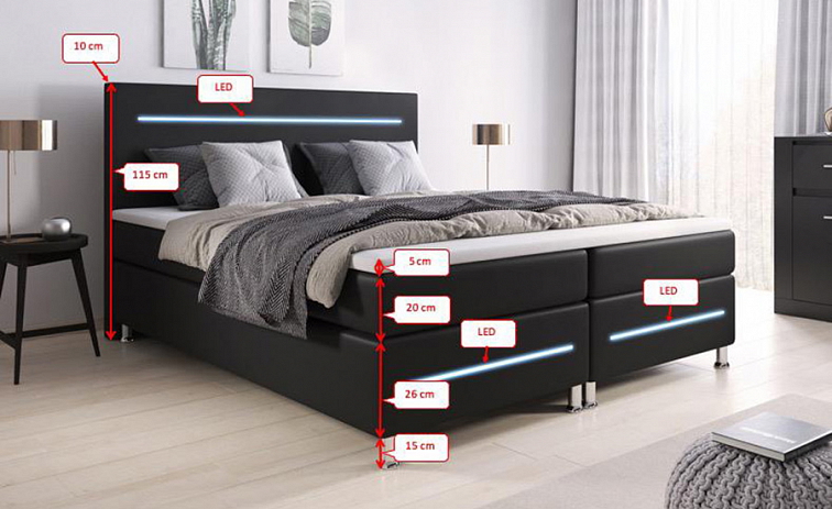 Boxspring postel SEJOUR bez úložného prostoru s LED