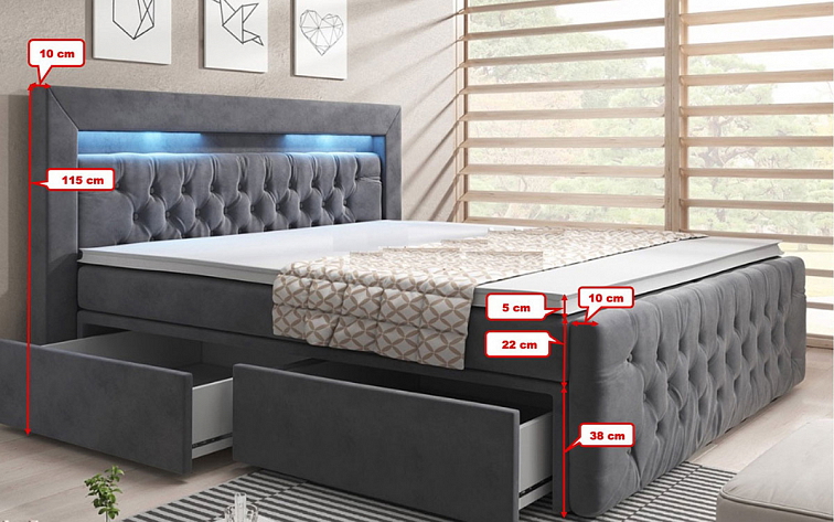 Boxspring postel MENZOGNA s úložným prostorem a LED