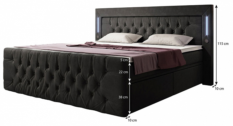 Boxspring postel DIVAT s úložným prostorem, LED a USB