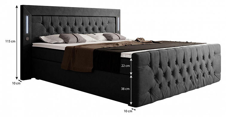 Boxspring postel ELEGANCE s úložným prostorem, LED a USB