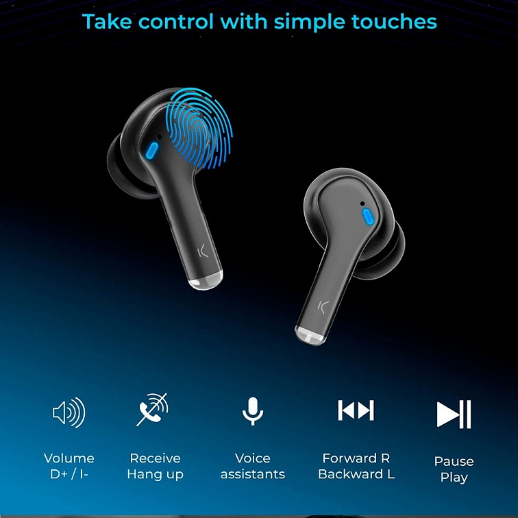 Bezdrátová sluchátka Ksix Noise Cancel 3, ANC + ENC, autonomie 6 + 12 h, dotykové ovládání, hovory, hlasoví asistenti, černá