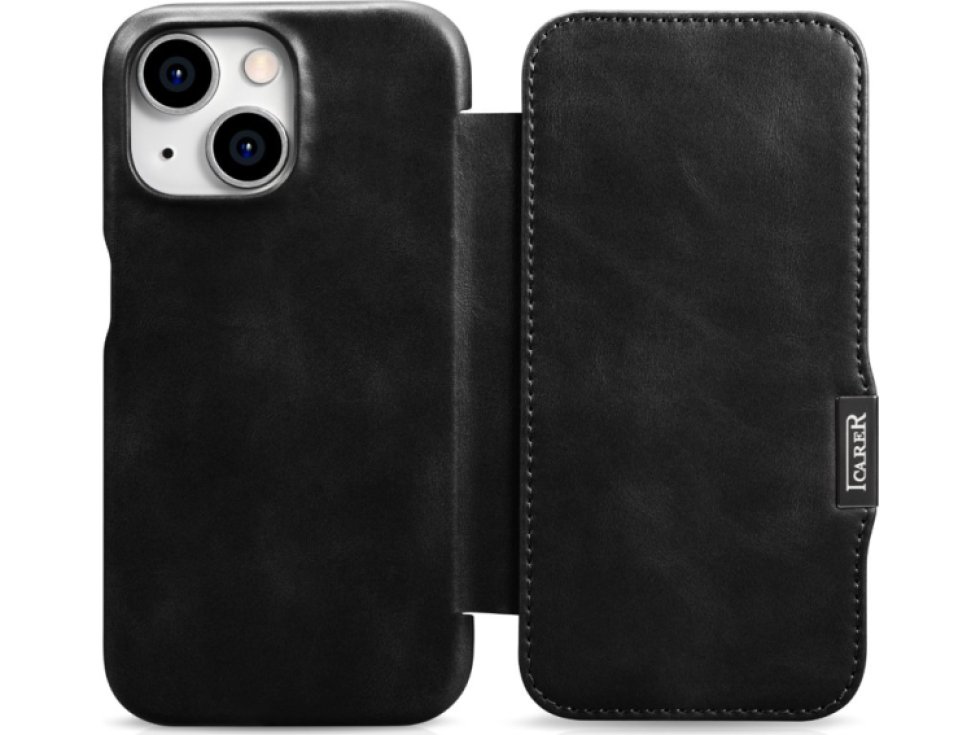 Knížkové pouzdro na iPhone 15 - iCarer, Oil Wax Real Leather MagSafe Black WMI16250503-BK