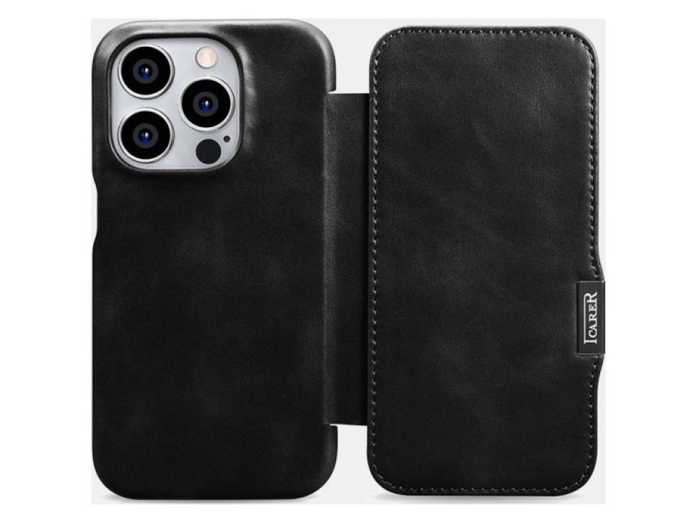 Knížkové pouzdro na iPhone 15 Pro - iCarer, Oil Wax Real Leather MagSafe Black WMI15230614