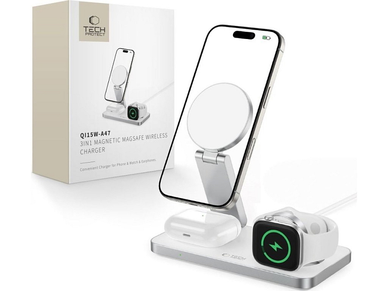 Bezdrátová nabíječka pro iPhone, Apple Watch a AirPods - Tech-Protect, QI15W-A47 Wireless Charger White