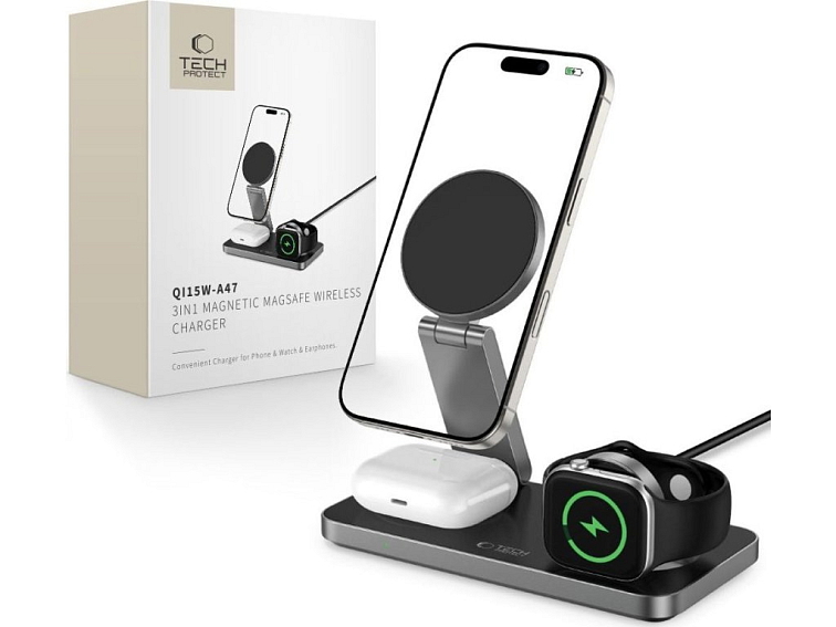 Bezdrátová nabíječka pro iPhone, Apple Watch a AirPods - Tech-Protect, QI15W-A47 Wireless Charger Black