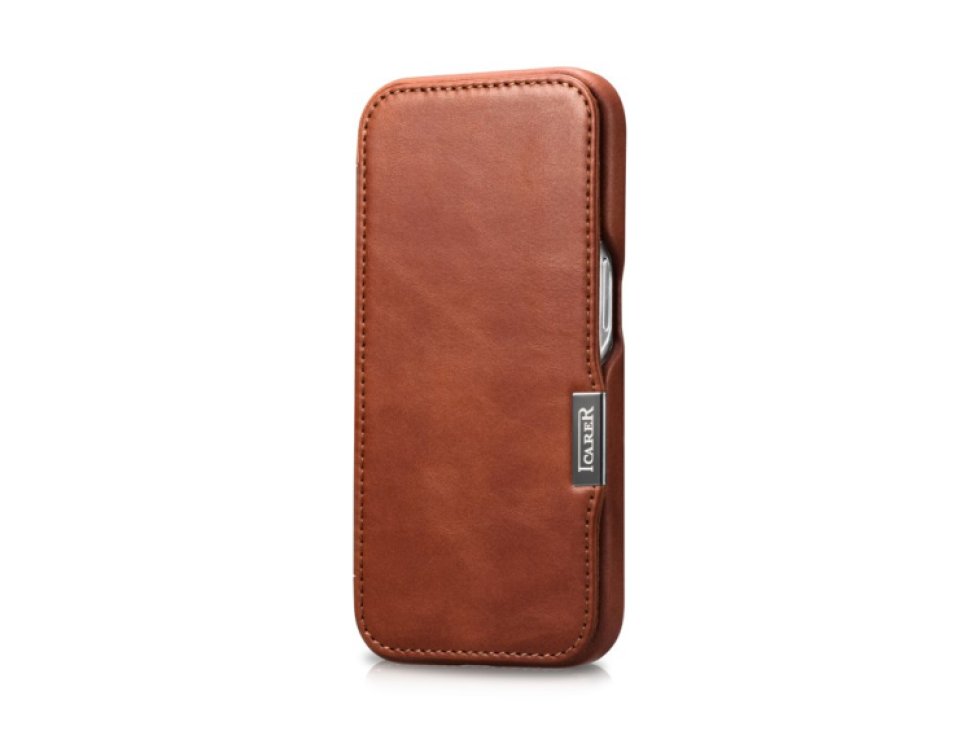 Knížkové pouzdro na iPhone 15 Pro - iCarer, Oil Wax Real Leather MagSafe Brown WMI16250504-BN