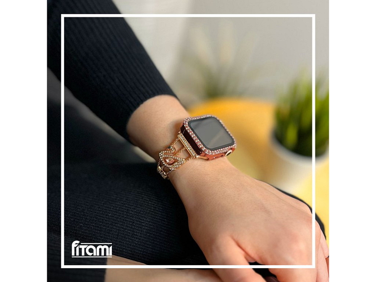 Stylový řemínek s kamínky a labutí pro Apple Watch - Rose Gold