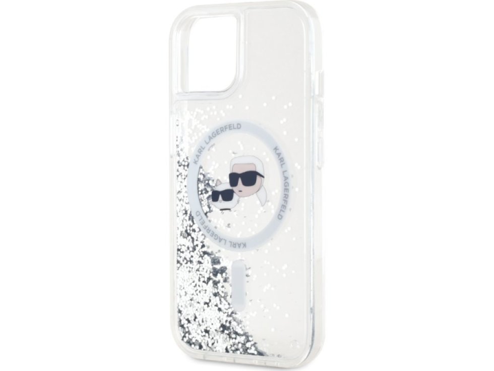 Ochranný kryt na iPhone 15 - Karl Lagerfeld, Liquid Glitter Karl and Choupette Heads MagSafe Transparent KLHMP15SLGKCSGH
