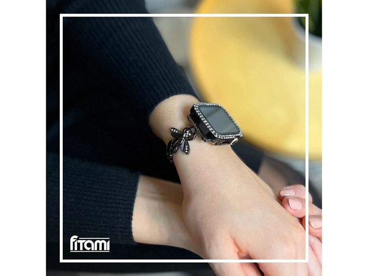 Stylový řemínek s kamínky a motýlem pro Apple Watch - Černý