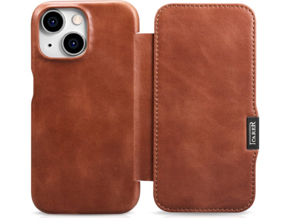Knížkové pouzdro na iPhone 15 - iCarer, Oil Wax Real Leather MagSafe Brown WMI16250503-BN