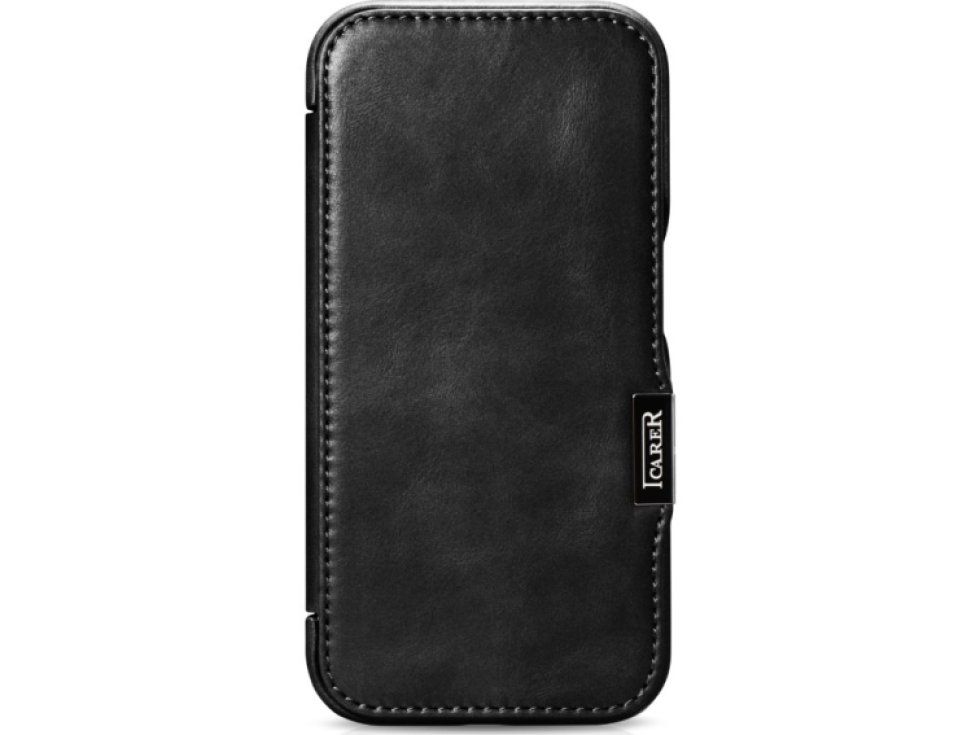 Knížkové pouzdro na iPhone 15 - iCarer, Oil Wax Real Leather MagSafe Black WMI16250503-BK