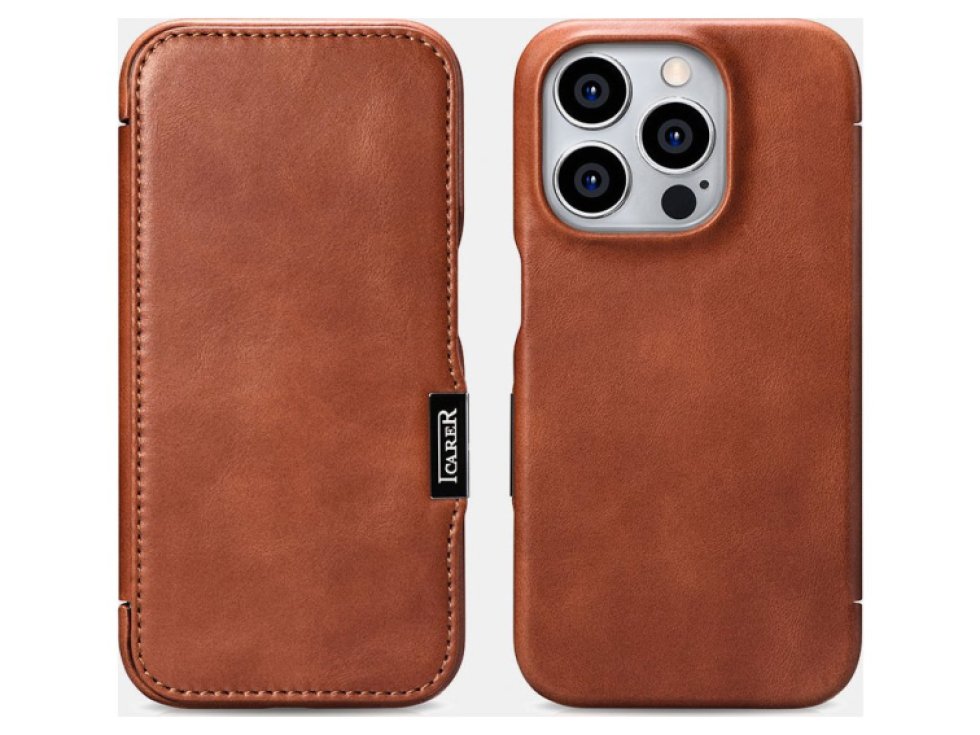 Knížkové pouzdro na iPhone 15 Pro - iCarer, Oil Wax Real Leather MagSafe Brown WMI15230614