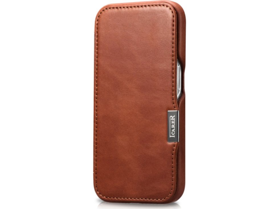 Knížkové pouzdro na iPhone 15 - iCarer, Oil Wax Real Leather MagSafe Brown WMI16250503-BN