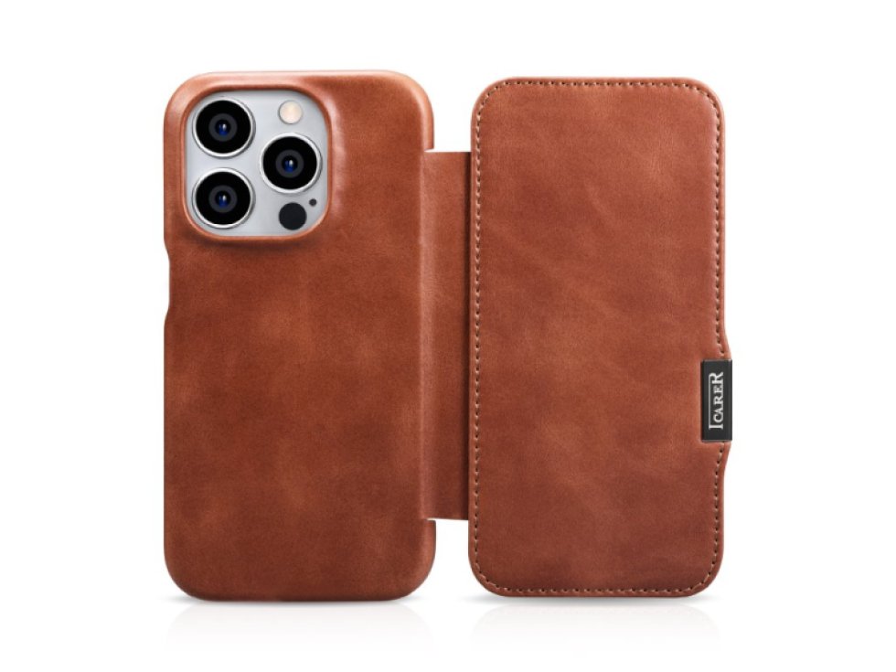 Knížkové pouzdro na iPhone 15 Pro - iCarer, Oil Wax Real Leather MagSafe Brown WMI16250504-BN