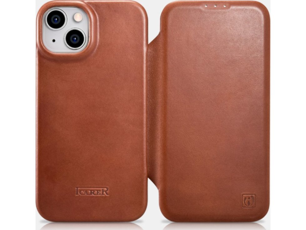 Knížkové pouzdro pro iPhone 14 PLUS - iCarer, Curved Edge MagSafe Brown AKI14220707-BN