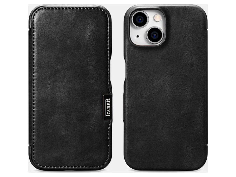Knížkové pouzdro na iPhone 15 Pro - iCarer, Oil Wax Real Leather MagSafe Black WMI15230614