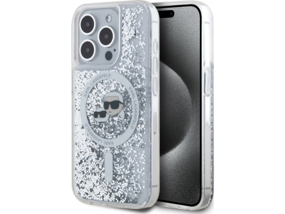 Ochranný kryt na iPhone 15 Pro - Karl Lagerfeld, Liquid Glitter Karl and Choupette Heads MagSafe Transparent KLHMP15LLGKCSGH