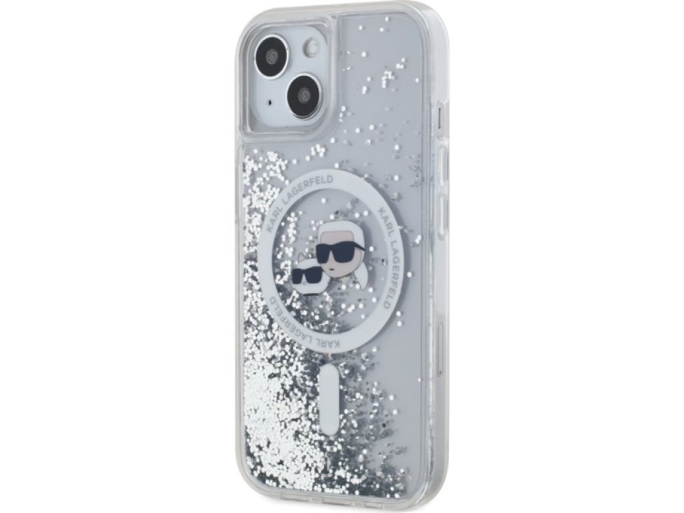 Ochranný kryt na iPhone 15 - Karl Lagerfeld, Liquid Glitter Karl and Choupette Heads MagSafe Transparent KLHMP15SLGKCSGH