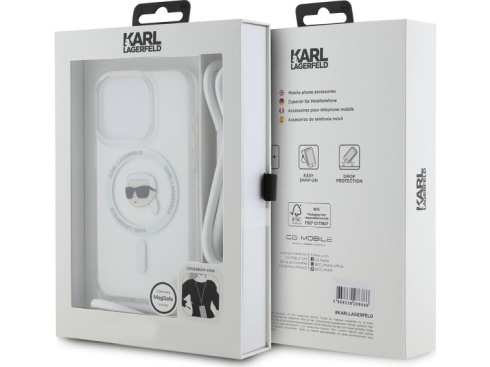 Ochranný kryt na iPhone 15 Pro MAX - Karl Lagerfeld, IML Crossbody Karl Head Magsafe Transparent KLHMP15XHCKHNT