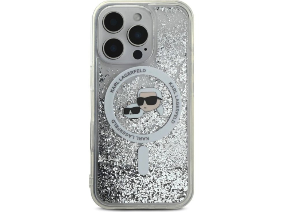 Ochranný kryt na iPhone 16 Pro MAX - Karl Lagerfeld, Liquid Glitter Karl and Choupette Heads MagSafe Transparent KLHMP16XLGKCSGH