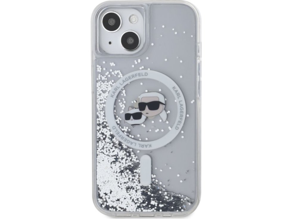 Ochranný kryt na iPhone 15 - Karl Lagerfeld, Liquid Glitter Karl and Choupette Heads MagSafe Transparent KLHMP15SLGKCSGH