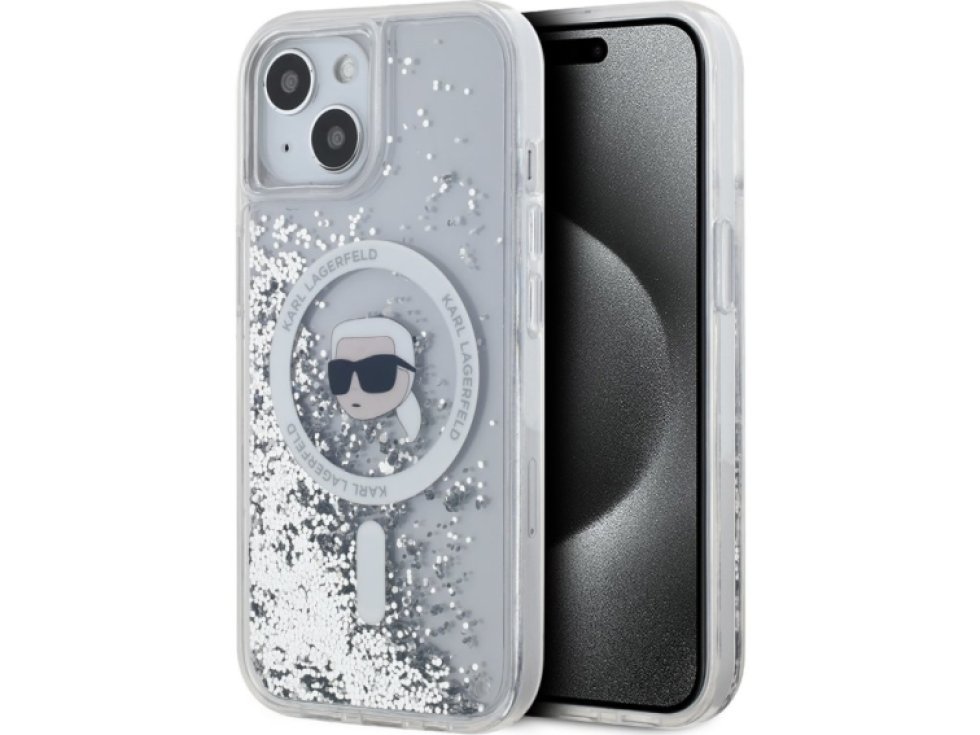 Ochranný kryt na iPhone 15 - Karl Lagerfeld, Liquid Glitter Karl Head MagSafe Transparent KLHMP15SLGKISGH