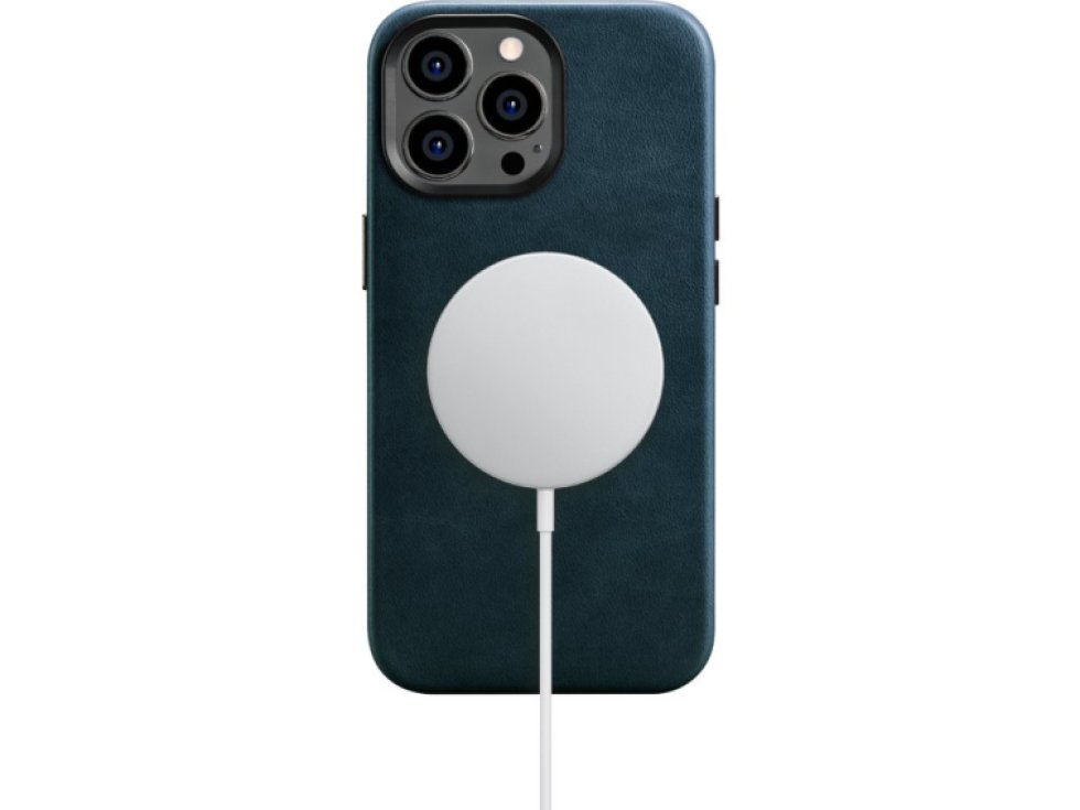 Kožený obal na iPhone 14 Pro MAX - iCarer, OilWax MagSafe Blue WMI14220704-BU