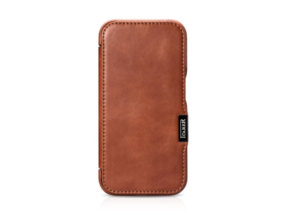 Knížkové pouzdro na iPhone 15 Pro - iCarer, Oil Wax Real Leather MagSafe Brown WMI16250504-BN