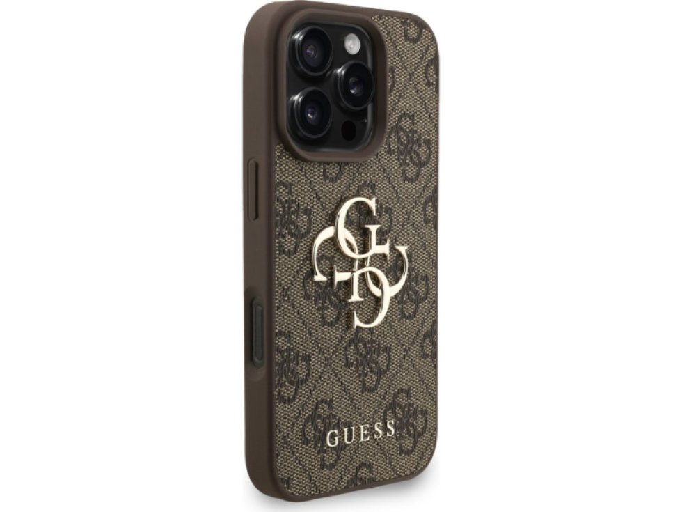 Ochranný kryt na iPhone 16 Pro - Guess, 4G Metal Logo Strap Brown GUHCP16LP4GMGSW