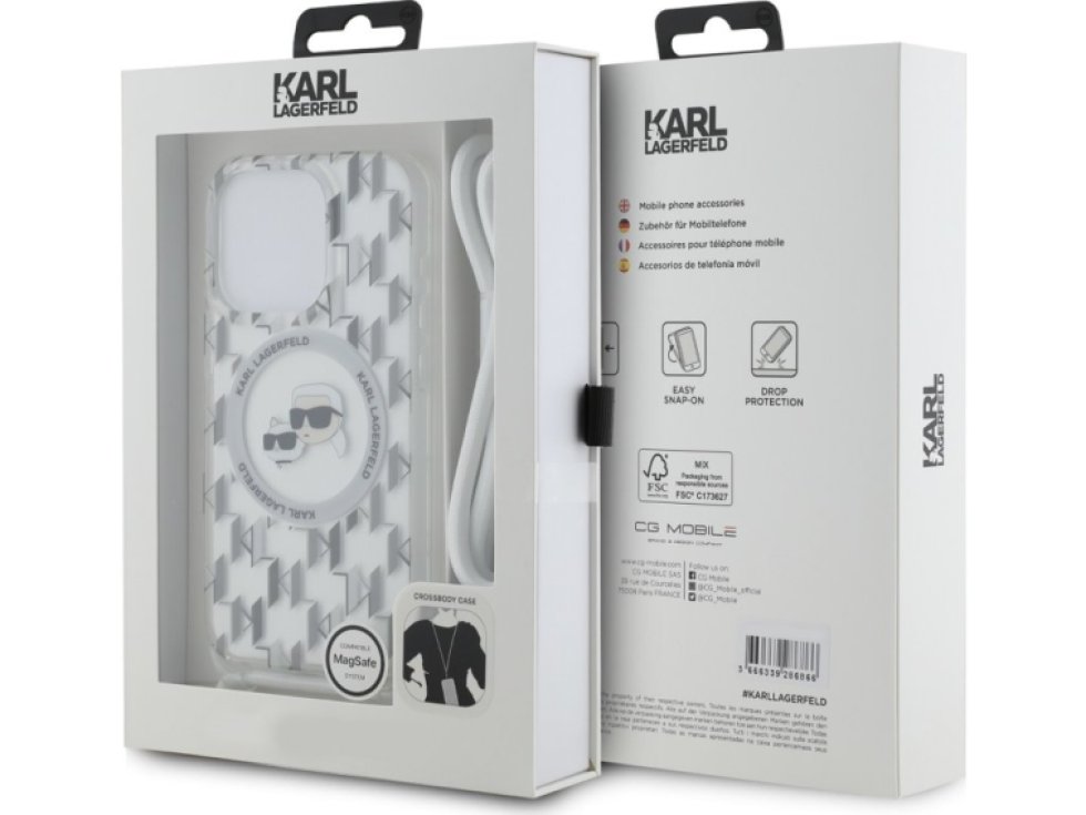 Ochranný kryt na iPhone 14 Pro - Karl Lagerfeld, IML Monogram Crossbody K&CH Heads Magsafe Transparent KLHMP14LHCKCKLCT