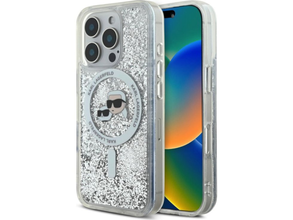 Ochranný kryt na iPhone 16 Pro MAX - Karl Lagerfeld, Liquid Glitter Karl and Choupette Heads MagSafe Transparent KLHMP16XLGKCSGH