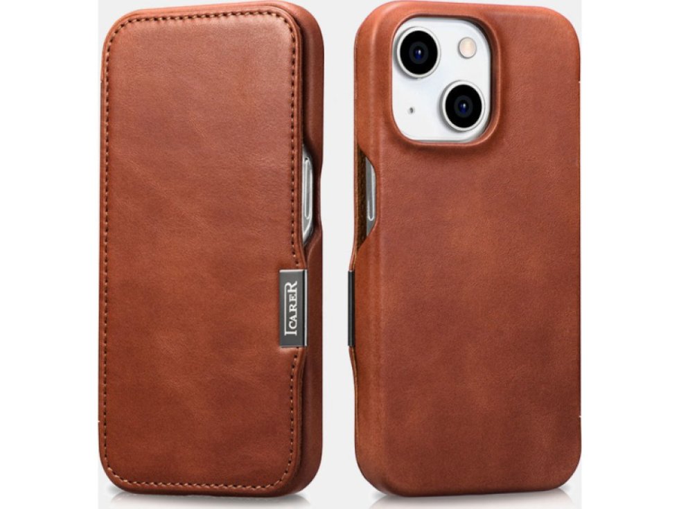Knížkové pouzdro na iPhone 15 Pro - iCarer, Oil Wax Real Leather MagSafe Brown WMI15230614