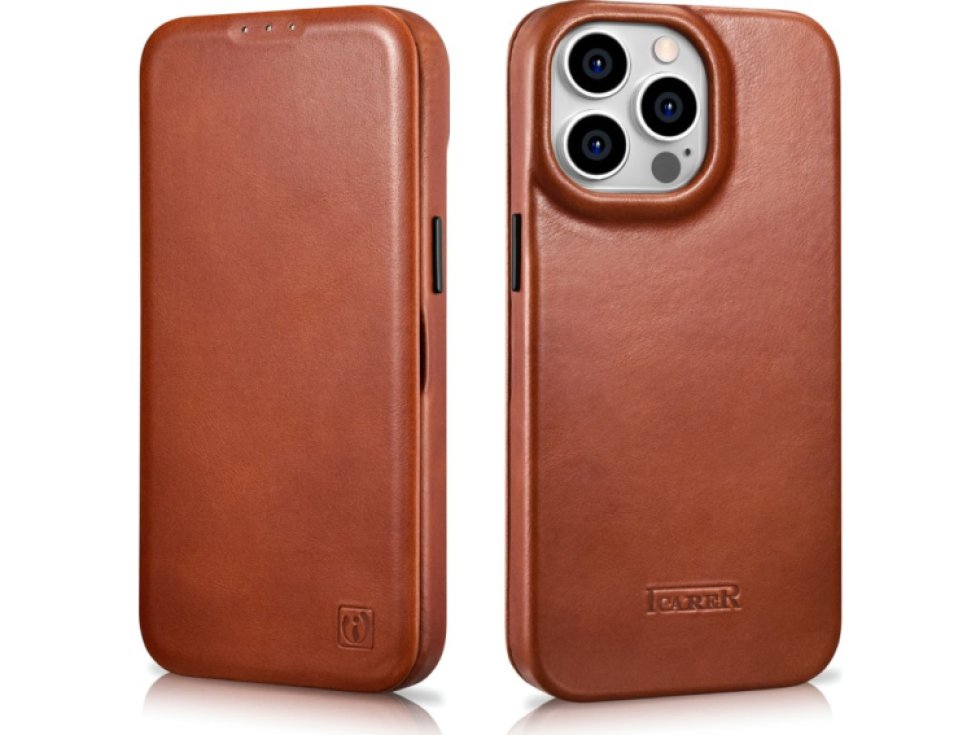 Knížkové pouzdro pro iPhone 14 Pro - iCarer, Curved Edge MagSafe Brown