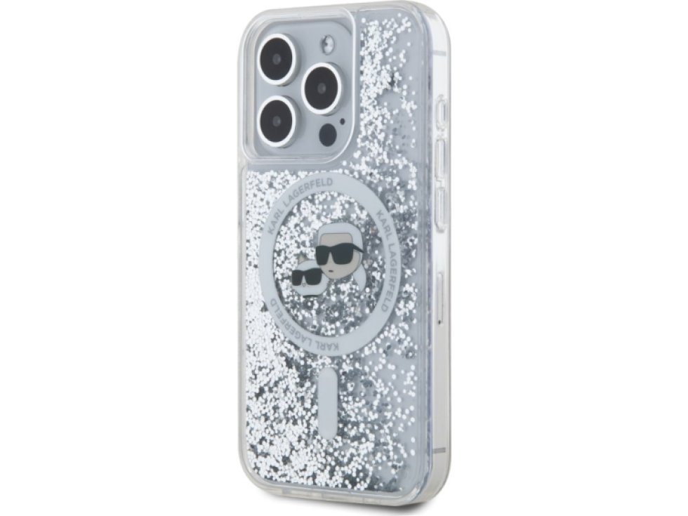 Ochranný kryt na iPhone 15 Pro MAX - Karl Lagerfeld, Liquid Glitter Karl and Choupette Heads MagSafe Transparent KLHMP15XLGKCSGH