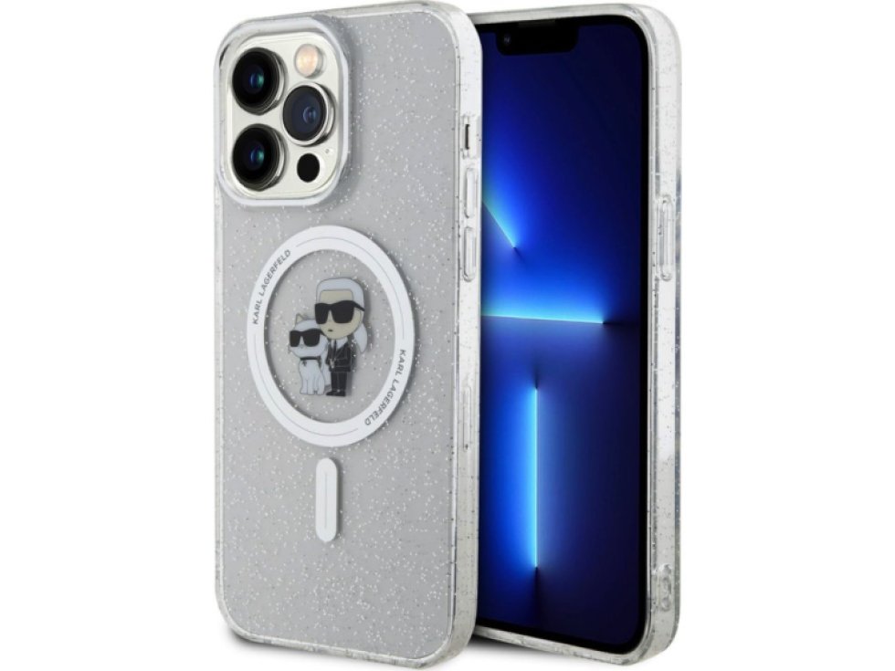 Ochranný kryt na iPhone 15 Pro MAX - Karl Lagerfeld, IML Glitter Karl and Choupette MagSafe Transparent KLHMP15XHGKCNOT