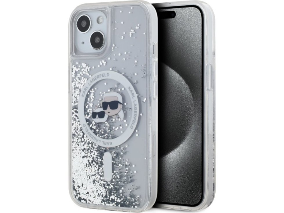 Ochranný kryt na iPhone 15 - Karl Lagerfeld, Liquid Glitter Karl and Choupette Heads MagSafe Transparent KLHMP15SLGKCSGH