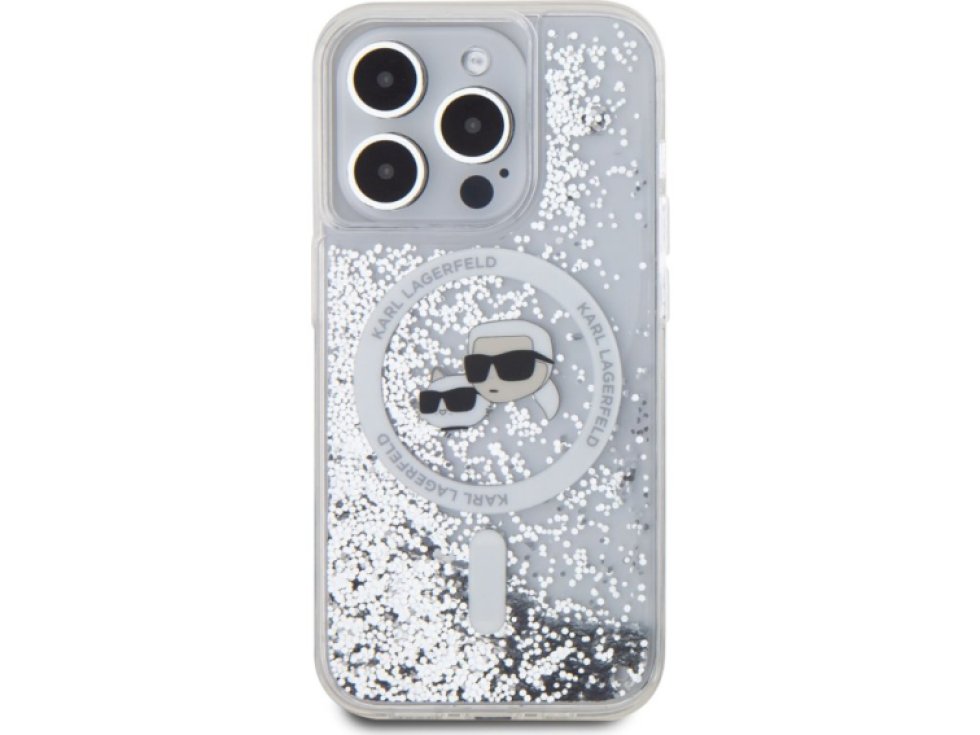 Ochranný kryt na iPhone 15 Pro MAX - Karl Lagerfeld, Liquid Glitter Karl and Choupette Heads MagSafe Transparent KLHMP15XLGKCSGH
